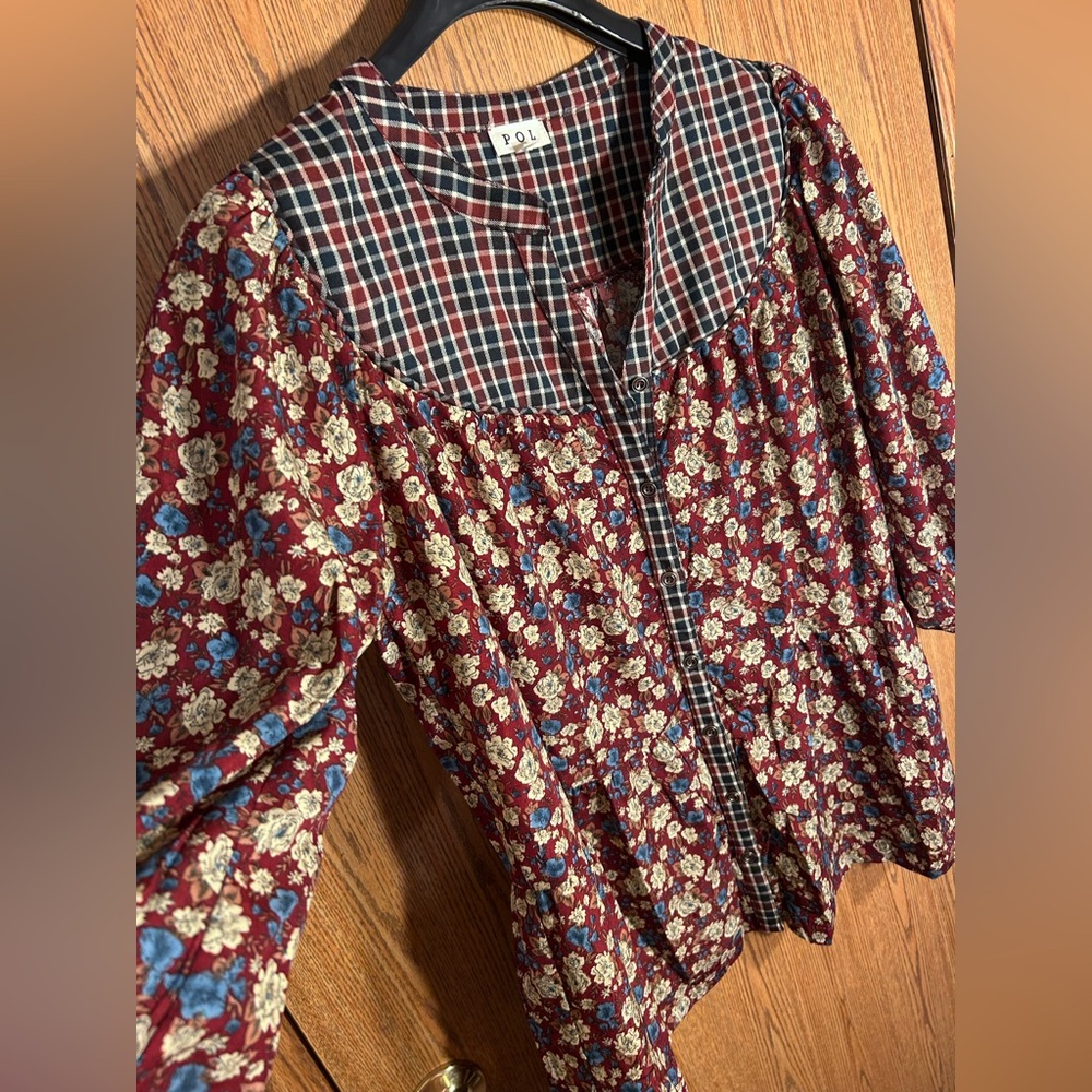 POL Layered Boho Button Up Floral Tunic Dress - Picture 4 of 6